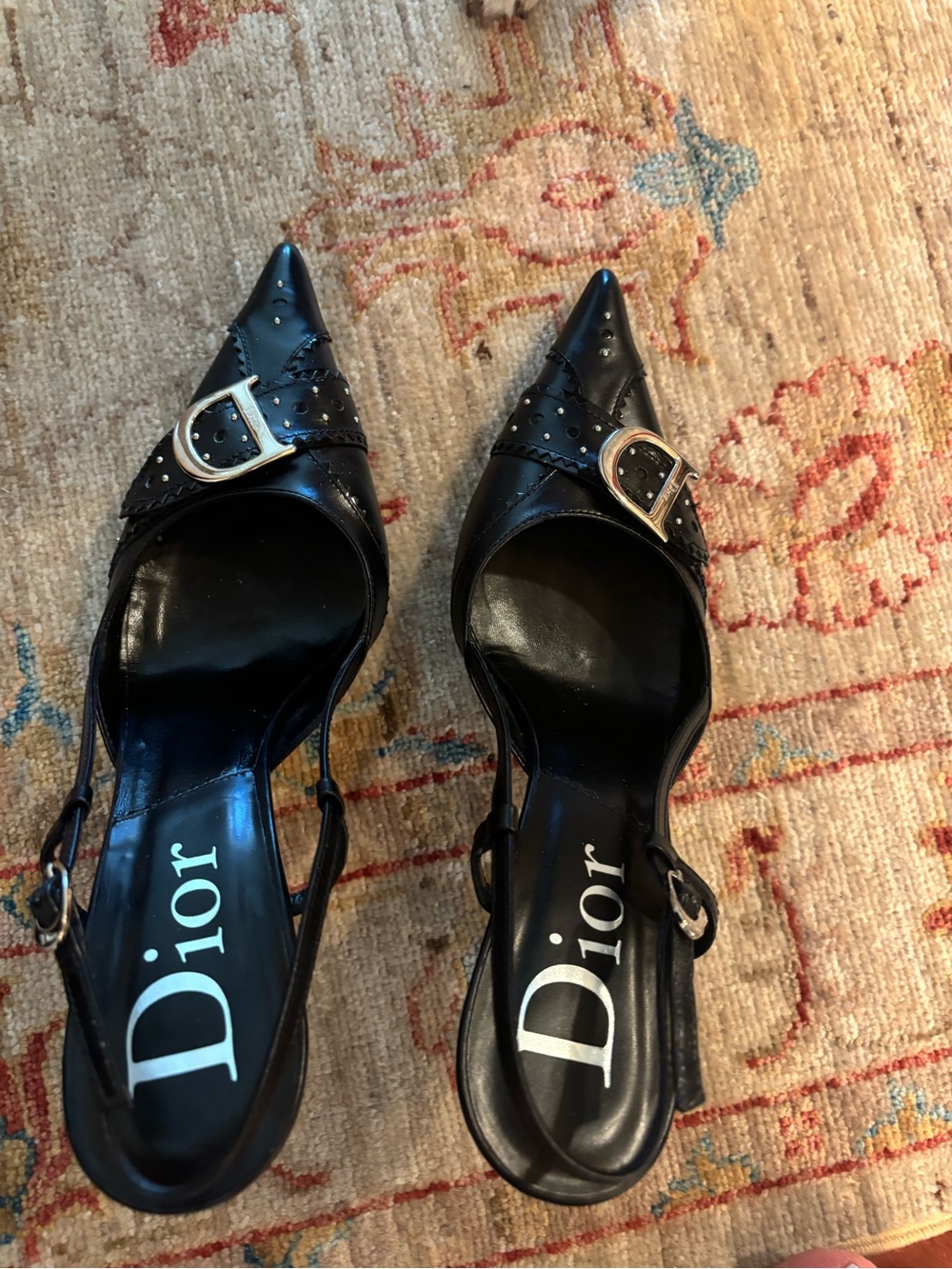 Dior Black Pointed Slingback Pumps with Gold Buckles